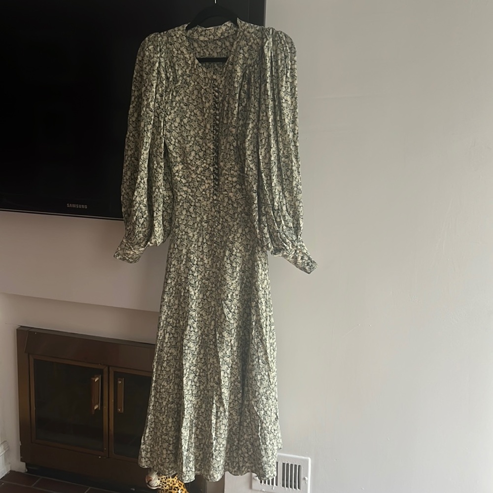 Doen Silk Autumn Floral Maxi Dress in Green and Cream